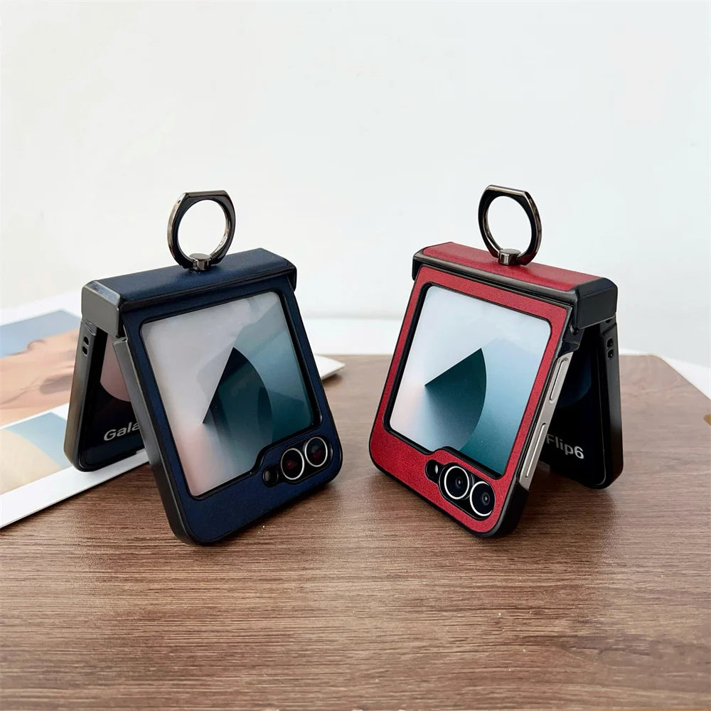 For Samsung Z Flip6 Flip 7 6 5 Luxury Leather Ring Holder Phone Case for Galaxy Z Flip7 Z Flip 5 4 3 3in1 Hinge Protection Cover