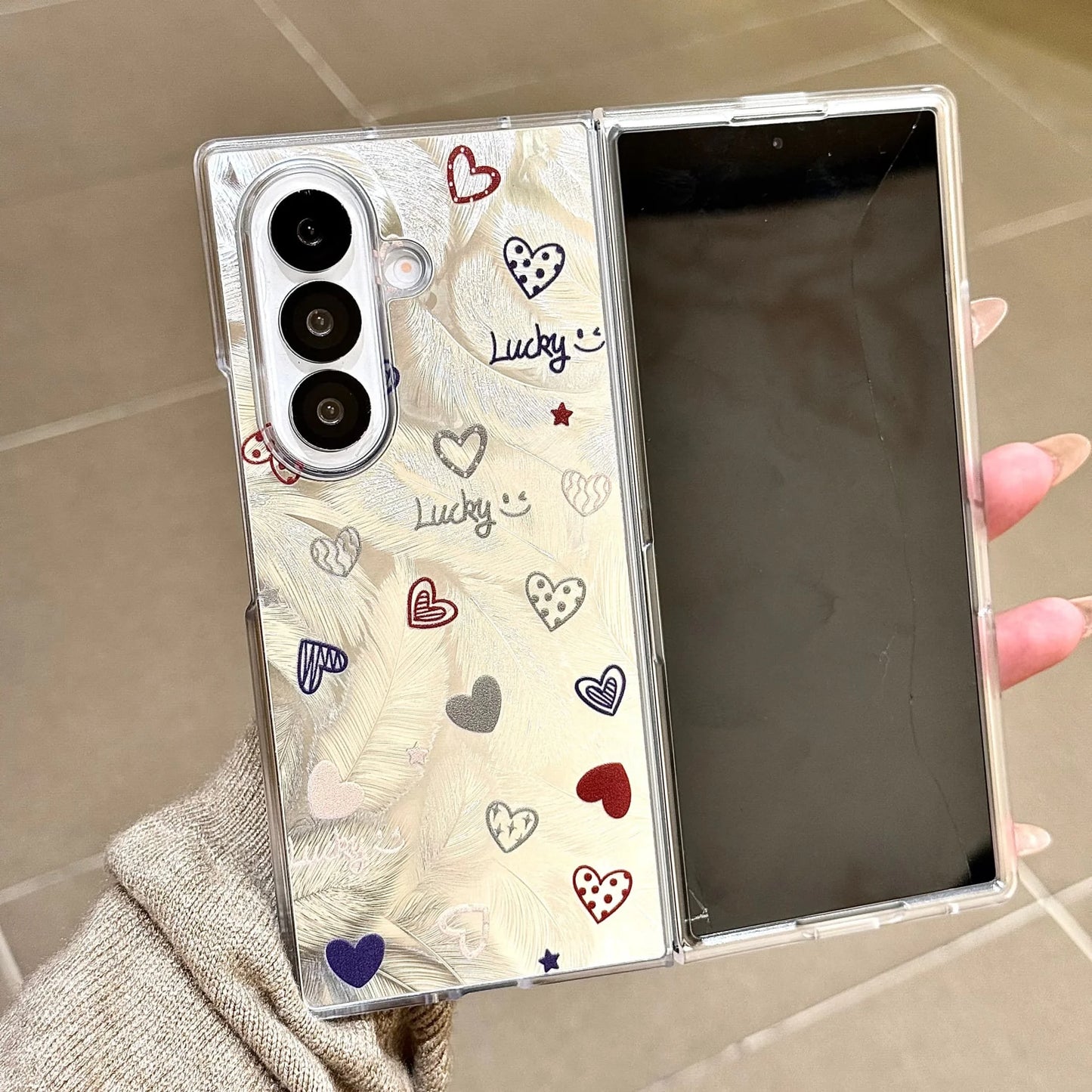 for Samsung Galaxy Z Fold 7 6 5 4 3 fold7 Strap Pendant Fold Phone Case Ins New Feather Love Heart Silver Cover