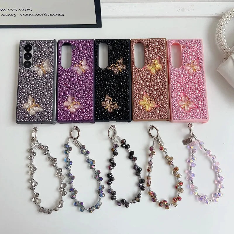 Fashional Crystal Bracelet Pearl Butterfly Phone Case For Samsung Galaxy Z Fold 7 6 5 4 3 Unique Fall prevention Protector Cover