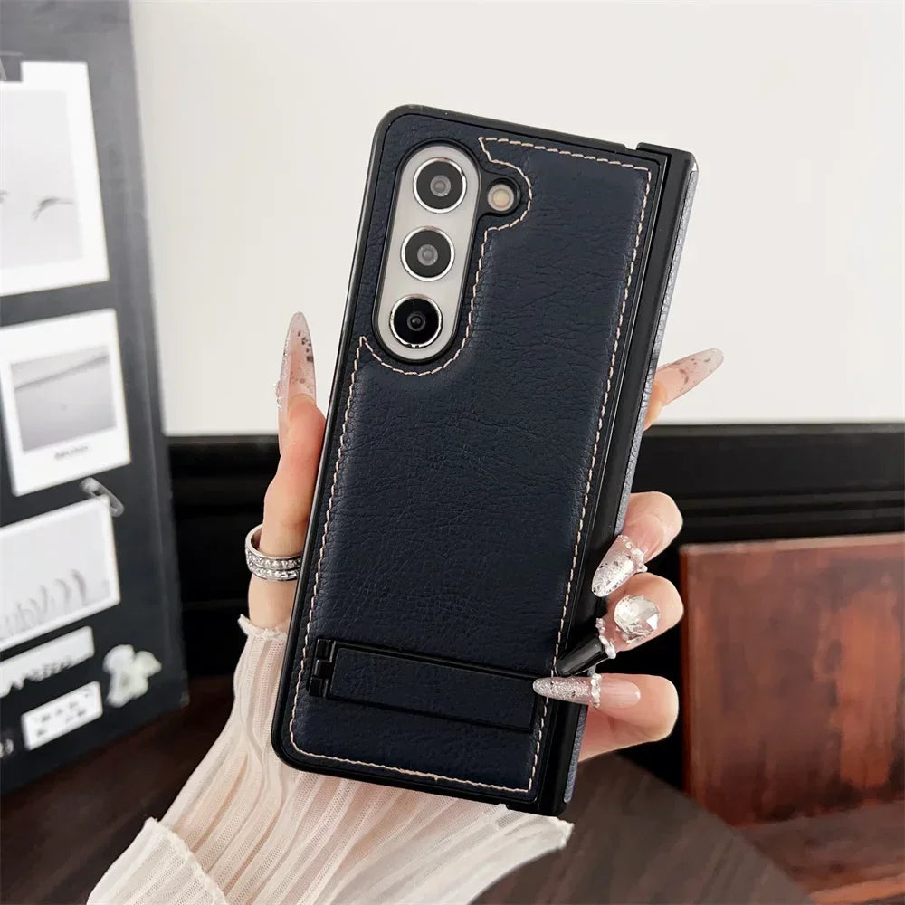 Shockproof Hinge Protective Bracket Phone Case for Samsung Galaxy Z Fold 6 5 4 3 Fold6 Fold5 Fold4 Fold3 5G PU Leather Cover