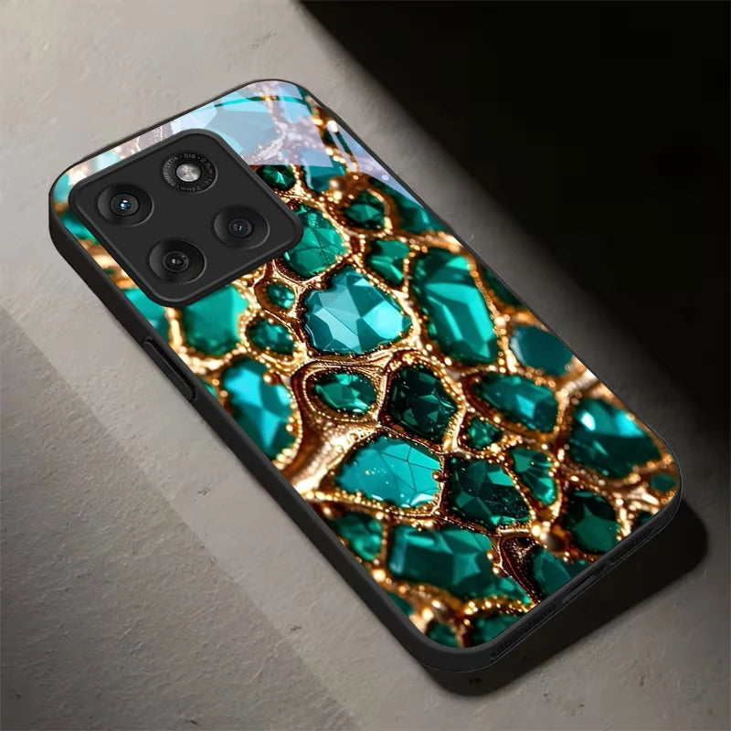 Luxury Green Gem Golden Black Glass Phone Case For Motorola Moto Edge 60 70 20 Lite 30 Pro 40 50 Ultra G45 G54 G55 G75 84 Cover