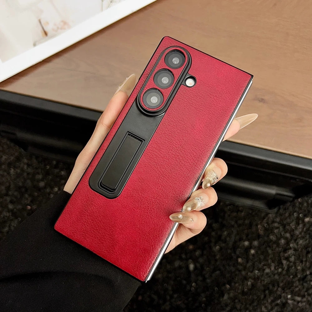 Z Fold7 5G Luxury Suede Pattern Phone Case For Samsung Galaxy Z Fold 7 6 5 4 3 Zfold6 Pu Leather Invisible Bracket Holder Cover