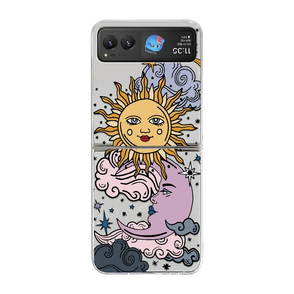 Retro Sun Moon Phone Case For Motorola Razr 60 Ultra 50 40 Ultra Razr 2025 2024 23 For Samsung ZFlip 7 6 5 4 3 Transparent Cover