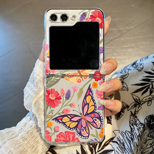 Folding Hard Phone Case For Samsung Galaxy Z Flip 7 FE 6 5 4 3 5G Flowers Butterfly Clear Cover For Samsung Z Flip6 Flip5 Flip4
