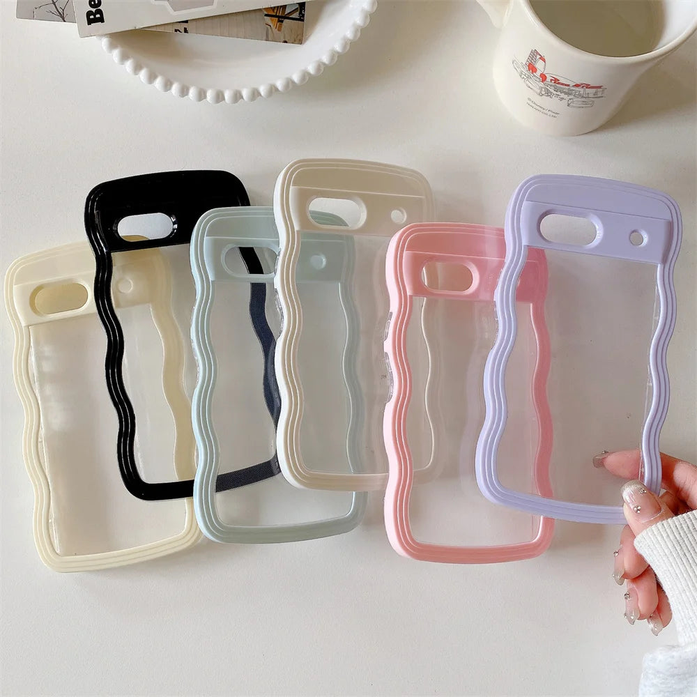 2IN1 Creative Curly Wavy Transparent Case For Google Pixel 9 Pro 9A 8 8A 7A Candy Color Shockproof Clear Hard Acrylic Back Cover