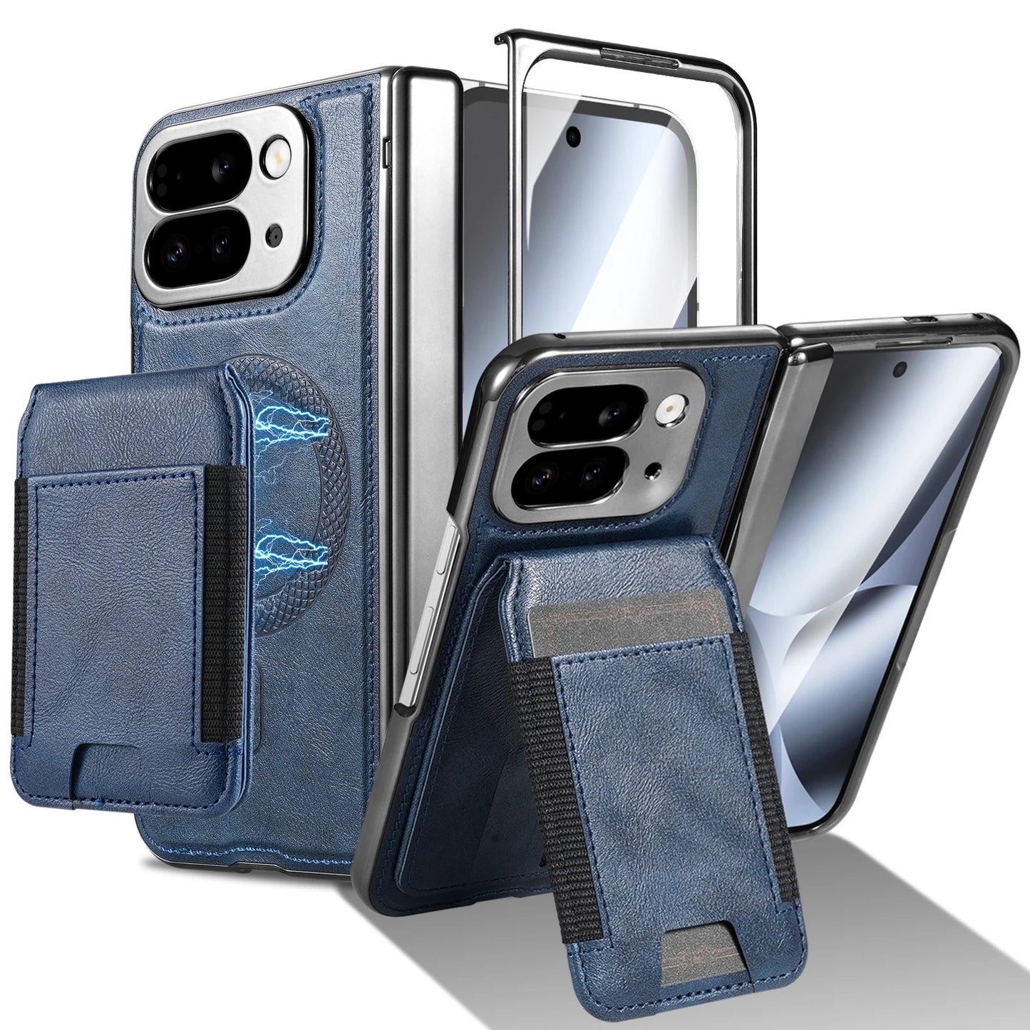 Leather stand protective strap and magnetic tempered glass screen protector phone case for Google Pixel 10 Pro Fold