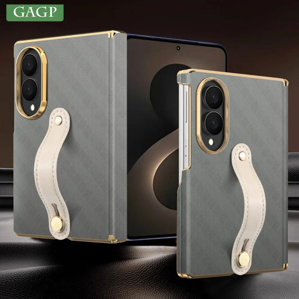 Business Plaid Leather Texture Case for Samsung Galaxy Z Fold 8 Ultra Fold7 6 Dual-Axis Hinge Protection Wrist Strap Fit Cover