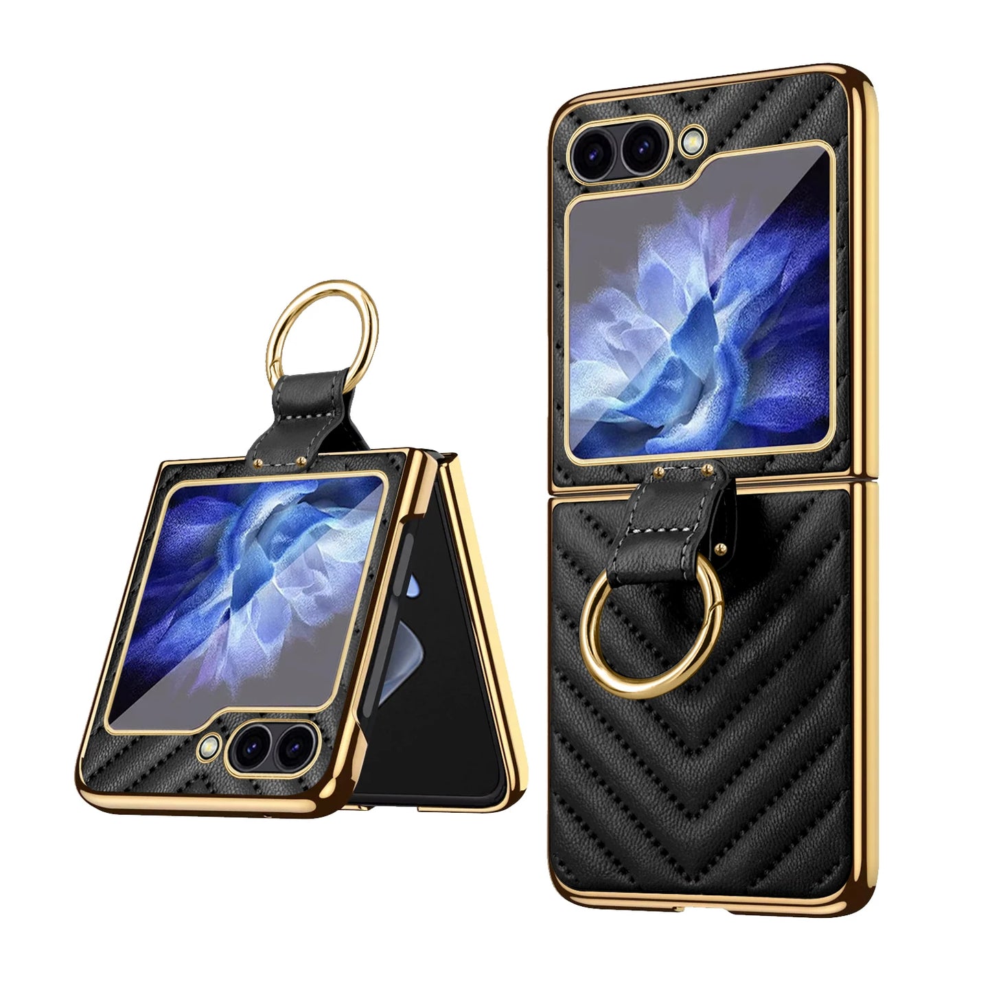VIETAO Compatible With Samsung Galaxy Z Flip7 6 5 4 3 Golden Plated Finger Ring Holder Kickstand Leather Mobile Phone Case, Blue