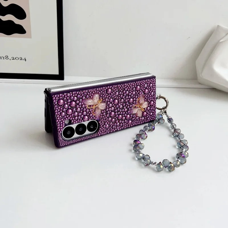 Fashional Crystal Bracelet Pearl Butterfly Phone Case For Samsung Galaxy Z Fold 7 6 5 4 3 Unique Fall prevention Protector Cover