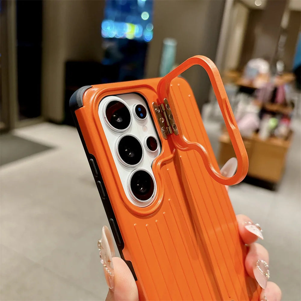 Lens Mount Luggage Armor Phone Case for Samsung S26 S25 S24 S23 Ultra Solid Color Striped Shockproof Bumper Protection Cover