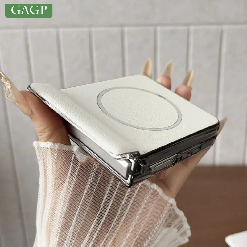 Luxury Plating for Magsafe Case for Samsung Galaxy Z Flip 7 Flip7 ZFlip7 PU Leather Magnetic 360 Hinge Protection Phone Cover