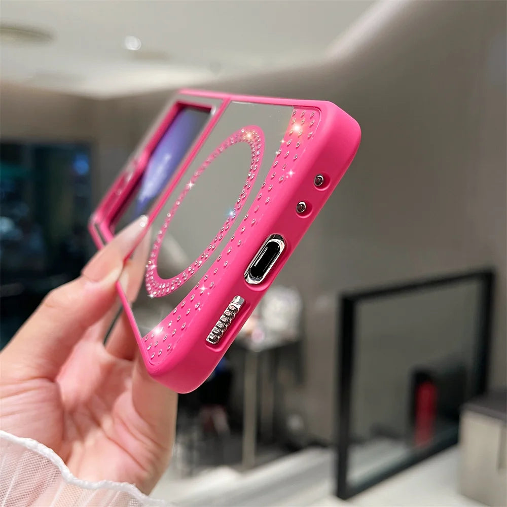 For Magsafe Glitter Diamond Magnetic Case For Samsung Z Flip 6 5 flip 4 3 flip6 zflip6 5G Wireless Charging Make Up Mirror Cover