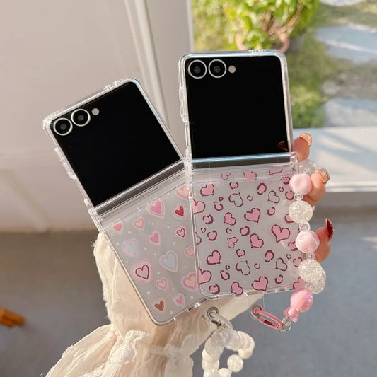 Transparent Love Heart Pink Phone Case For Samsung Galaxy Z Flip7 FE Flip 7 6 5 5G Flip5 Flip6 Shockproof Bumper Hard PC Cover
