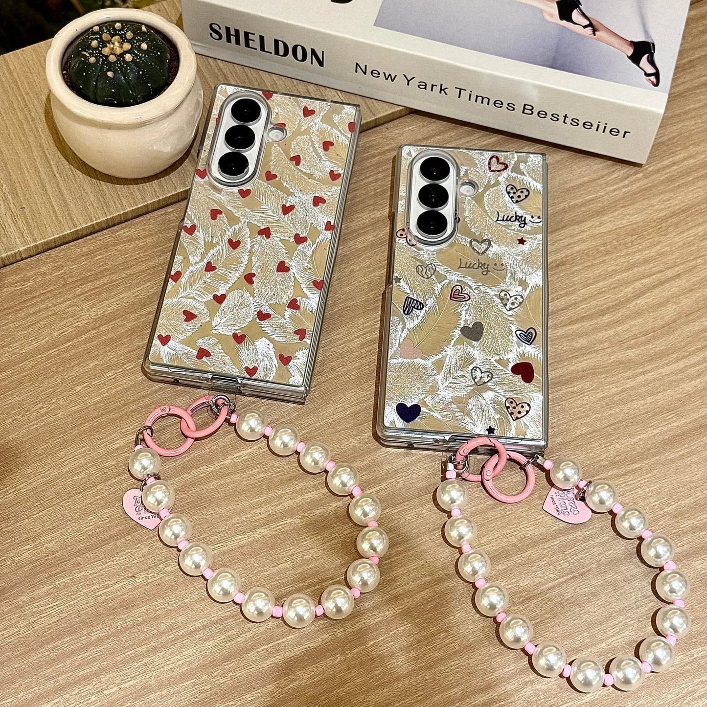 for Samsung Galaxy Z Fold 7 6 5 4 3 fold7 Strap Pendant Fold Phone Case Ins New Feather Love Heart Silver Cover