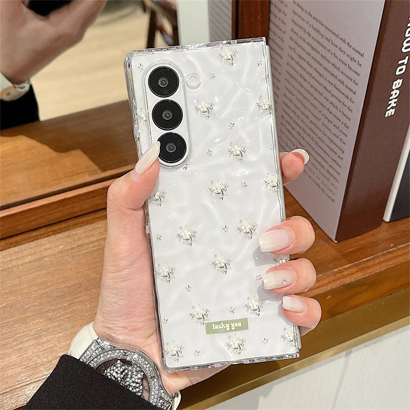 Clear Water Ripples Bowknot Flower Cute Phone Case For Samsung Z Fold 7 6 Fold6 Cases with Chain Cover For ZFold6 ZFod7 Funda