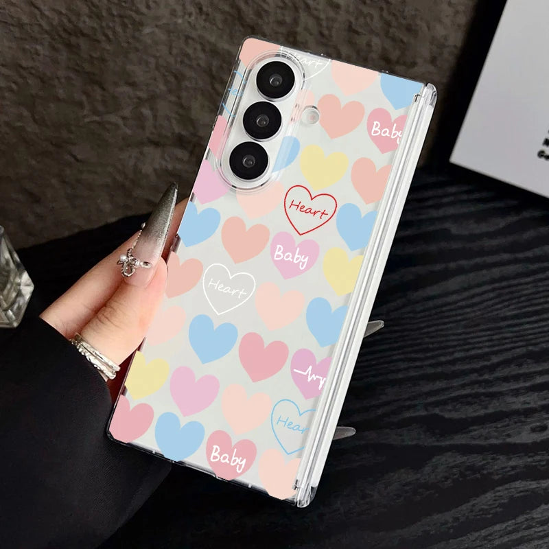 Magnetic Adsorption Clear Phone Case For Samsung Galaxy Z Fold 7 6 5 Fold7 Fold6 Fold5 5G Colorful Love Heart Pattern Hard Cover