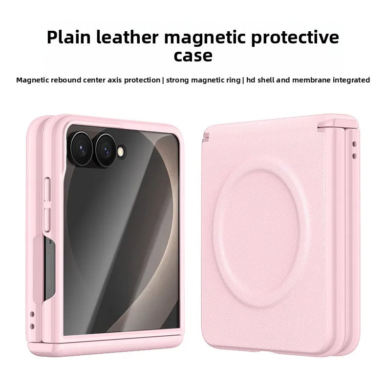 ‌Magnetic Skin Feel Vegan Leather Case‌ for Samsung Z Flip 8 Screen Protector Shockproof for Magsafe Slim Axis Protection Cover