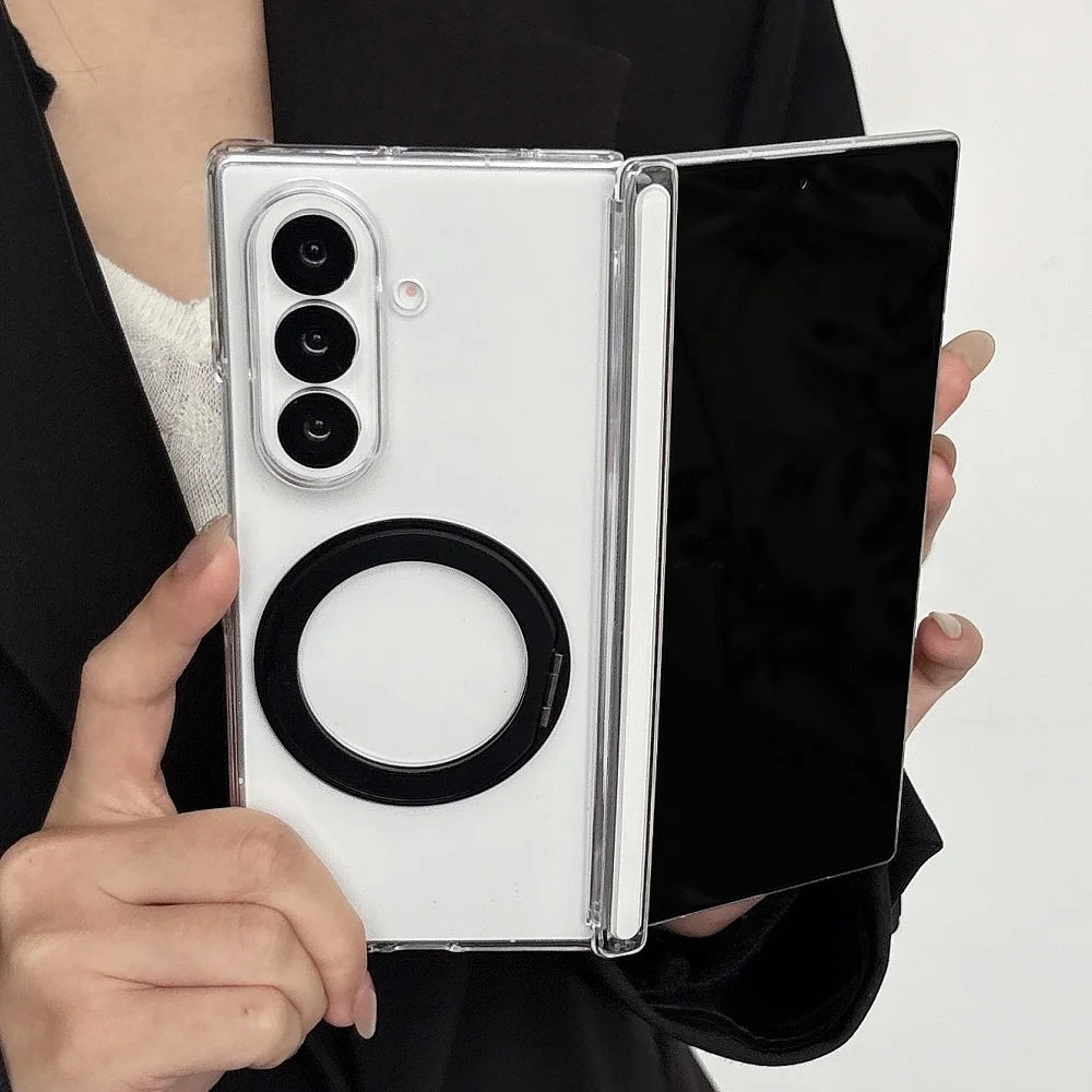 360° Rotating Bracket Transparent Phone Case For Samsung Galaxy Z Fold 7 6 5 4 2pc-Set Hinge Protection Shockproof Back Cover