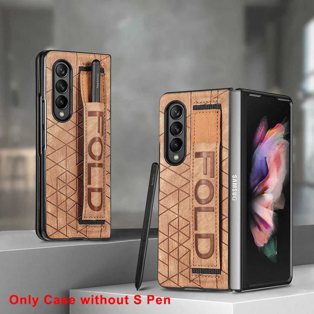 Leather Case for Samsung Galaxy Z Fold 6 5 4 3 5G Cover Stripe Geometric Soft Shockproof Hand Band SPen Slot Shell Funda Holster