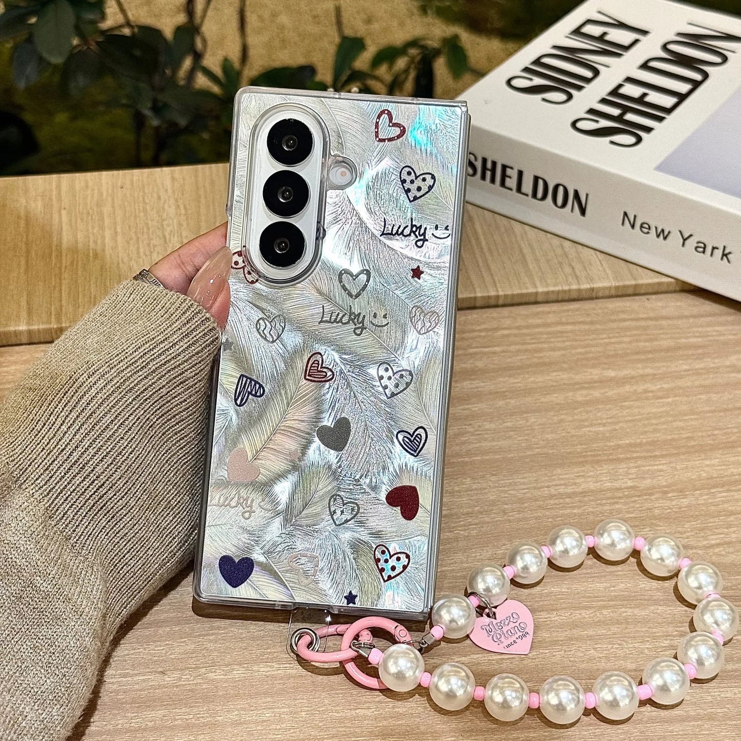 for Samsung Galaxy Z Fold 7 6 5 4 3 fold7 Strap Pendant Fold Phone Case Ins New Feather Love Heart Silver Cover