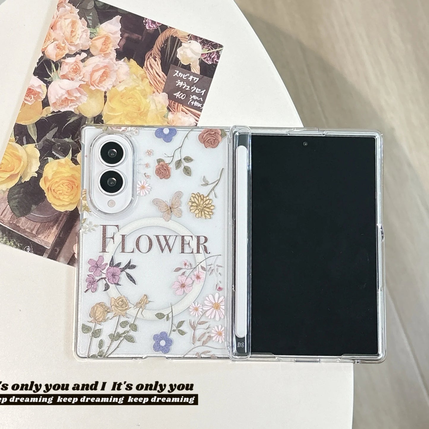 Retro Dual Magnetic Flower Pattern Transparent Case with Butterfly Bracket for Samsung Galaxy Z Fold 8 Wide Z Fold 8 Back Cover