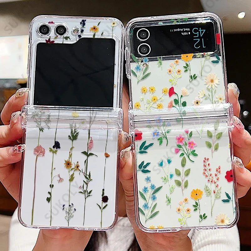 Flower Pattern Folding Case For Samsung Galaxy Z Flip7 FE Flip7 Flip6 Clear Shockproof Cover For Samsung Galaxy Z Flip 7 6 5 4 3