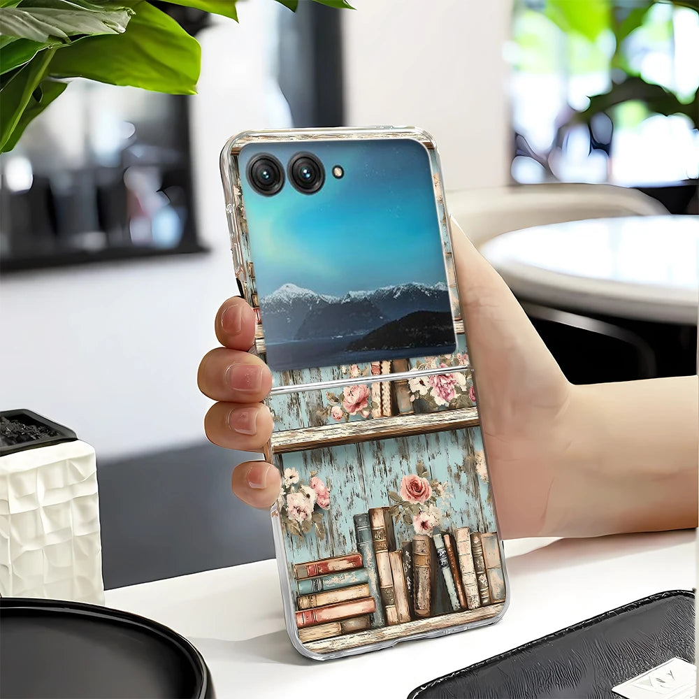 Vintage Magic Bookcase Painted Clear Hard Phone Case For Motorola Razr 60 50 40 Ultra Razr Plus 2025 2024 2023 Bumper Cover