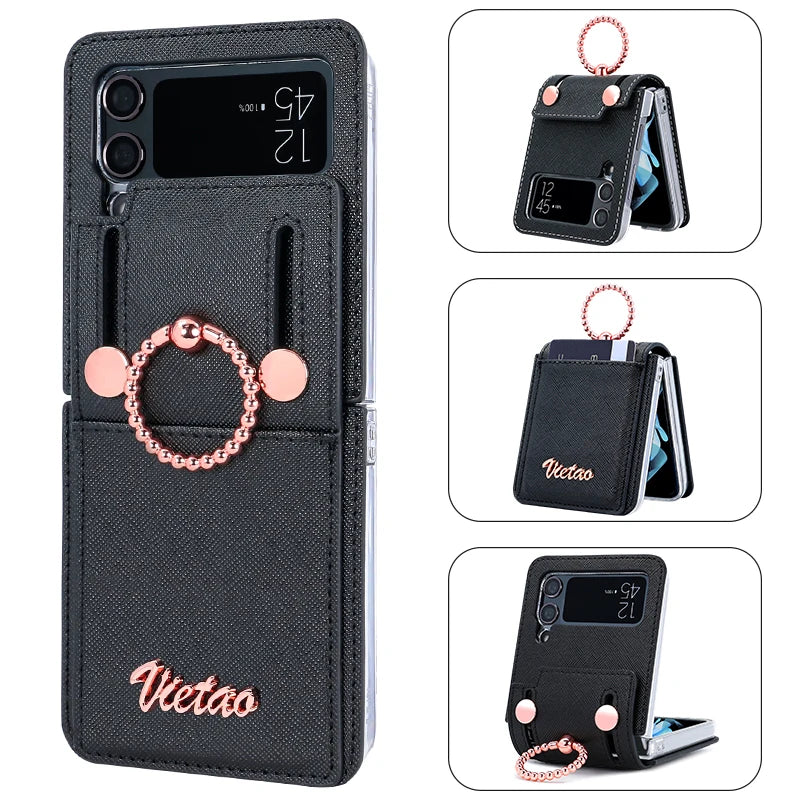 VIETAO Z Flip 3 Phone Case With Finger Ring Holder, PU Leather Cell Phone Cover For Galaxy Z Flip 3 With Card Slot, Rose Gold