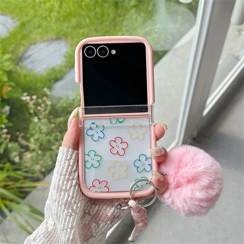 Pink Floral Smile Clear Hinge Strap Furry Ball Phone Case For Samsung Galaxy Z Flip 8 7 6 5 4 3 Z Flip8 Cute Shockproof Cover Gi