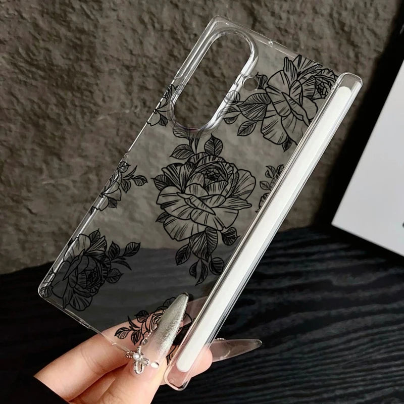 Magnetic Adsorption Clear Phone Case For Samsung Galaxy Z Fold 7 6 5 Fold7 Fold6 Fold5 5G Flowers Pattern Shockproof Hard Cover