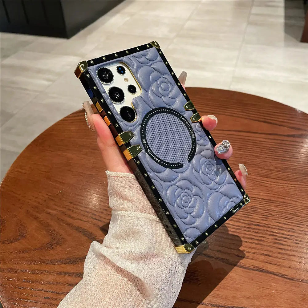 For Magsafe Wireless Charging 3D Flower Leather Case For Samsung Galaxy S26 S25 S24 Ultra S23 Plus S23FE S22 TPU Cover Shell