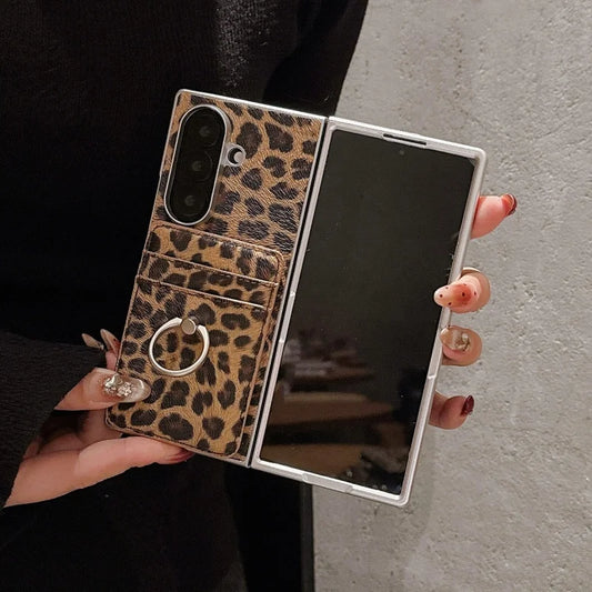 Fashion Leopard Print Magnetic Phone Case For Samsung Z Fold 7 6 5 4 ZFold5 Fold7 Cover with Magsafe Card Slot Holder Cute Cases