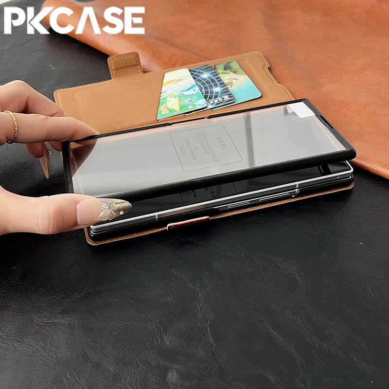 PKCASE Leather Magnetic Clasp Card Slot Wallet Phone Case For Samsung Galaxy Z Fold 7 6 5 4 3 Shockpoof Wristband Bracket Cover