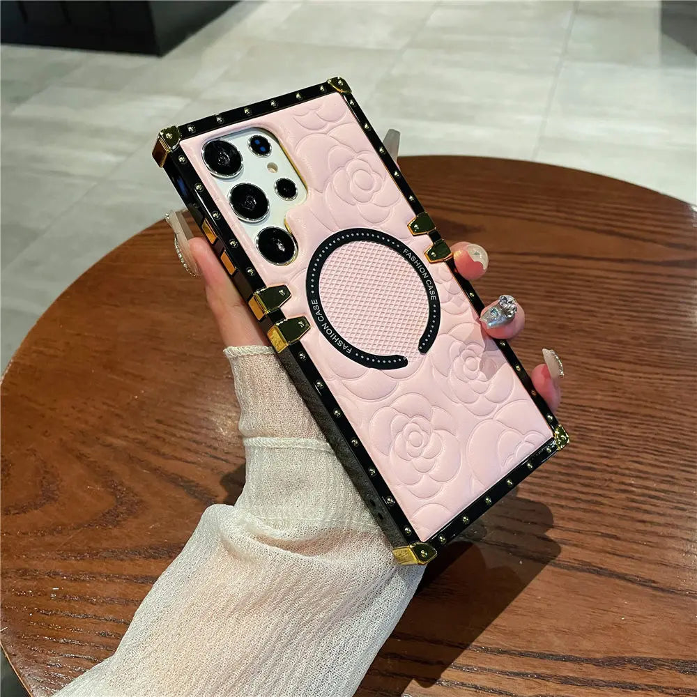 For Magsafe Wireless Charging 3D Flower Leather Case For Samsung Galaxy S26 S25 S24 Ultra S23 Plus S23FE S22 TPU Cover Shell