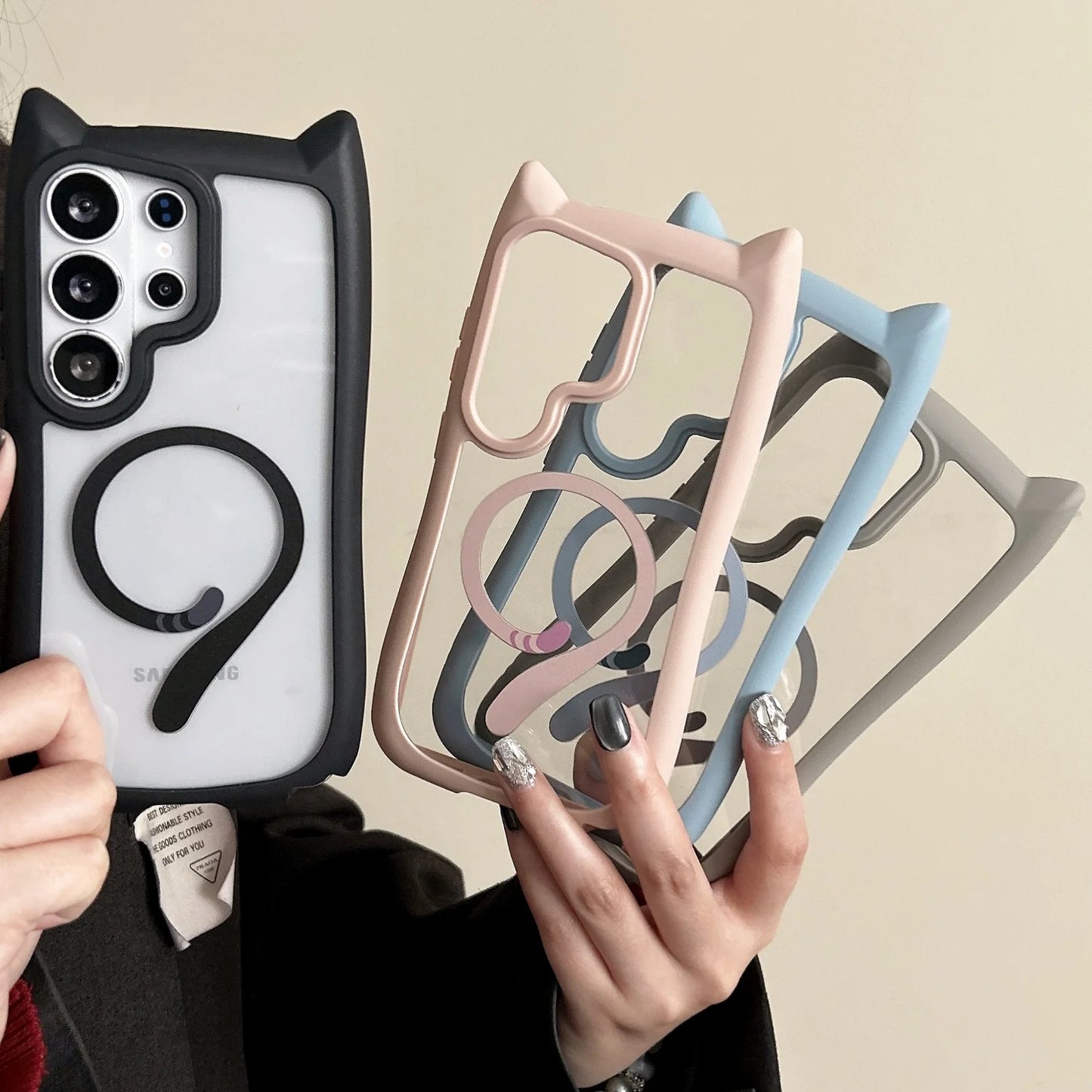 Lovely Cat Ear For Samsung Galaxy S26 Ultra Magnetic Wireless Charging Case For Samsung S26 Plus S25 S24 Transparent Hard Cover