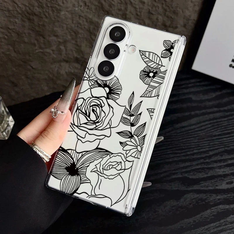 Magnetic Adsorption Clear Phone Case For Samsung Galaxy Z Fold 7 6 5 Fold7 Fold6 Fold5 5G Flowers Pattern Shockproof Hard Cover