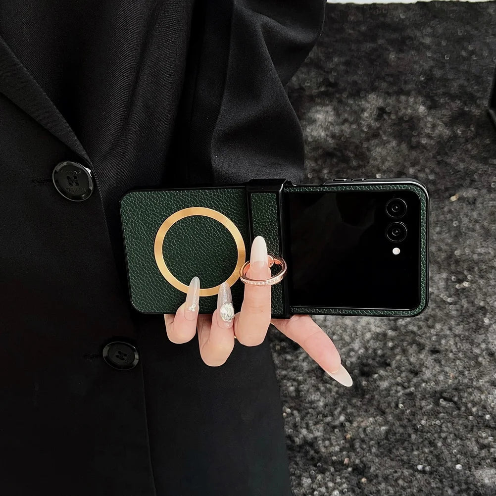 Lychee Plain Leather Metal Finger Ring and Magnetic Ring Case For Motorola Razr 60 Ultra razr60 Moto Razr 50 razr+ 2024 Cover
