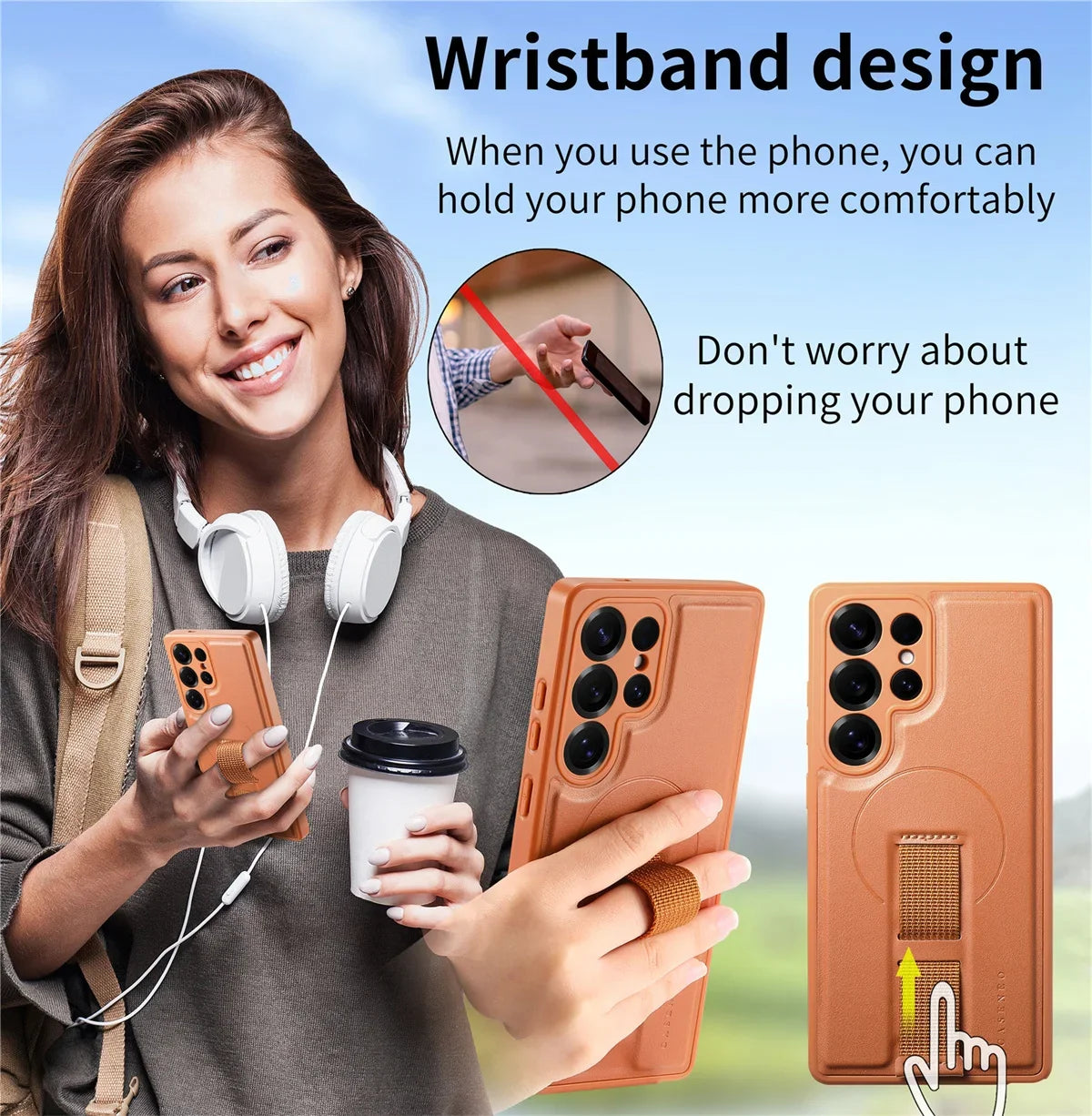 For Magsafe Magnetic Wrist Strap Phone Case for Samsung Galaxy S25 Edge S25 Ultra S24+ Plus Leather ShockProof Protective Cover