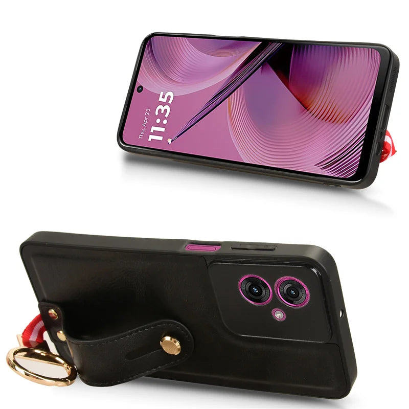 Luxury Wristband Leather Stand Case for Motorola Moto G35 G55 G45 G85 5G With Ring Opener Coque Fundas Capa
