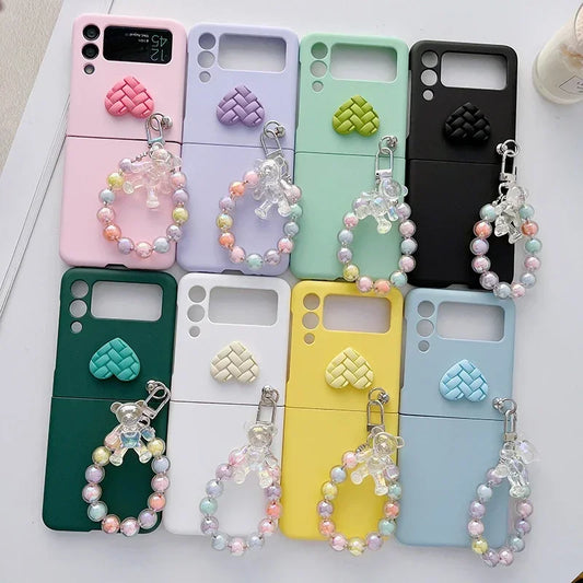 Cute Bear Colorful Beads Bracelet Case For Motorola Razr 40 Ultra 50 Ultra 2023 Plus 2024 Plus Candy Color Heart Hard PC Cover