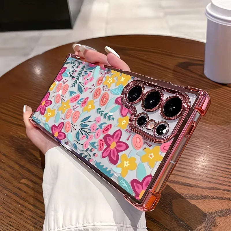 Trendy Floral Pattern High-end Plating Anti Drop Phone Case For Samsung Galaxy S26 S25 S24 S23 S22 S21 Ultra Plus Edge FE Cover