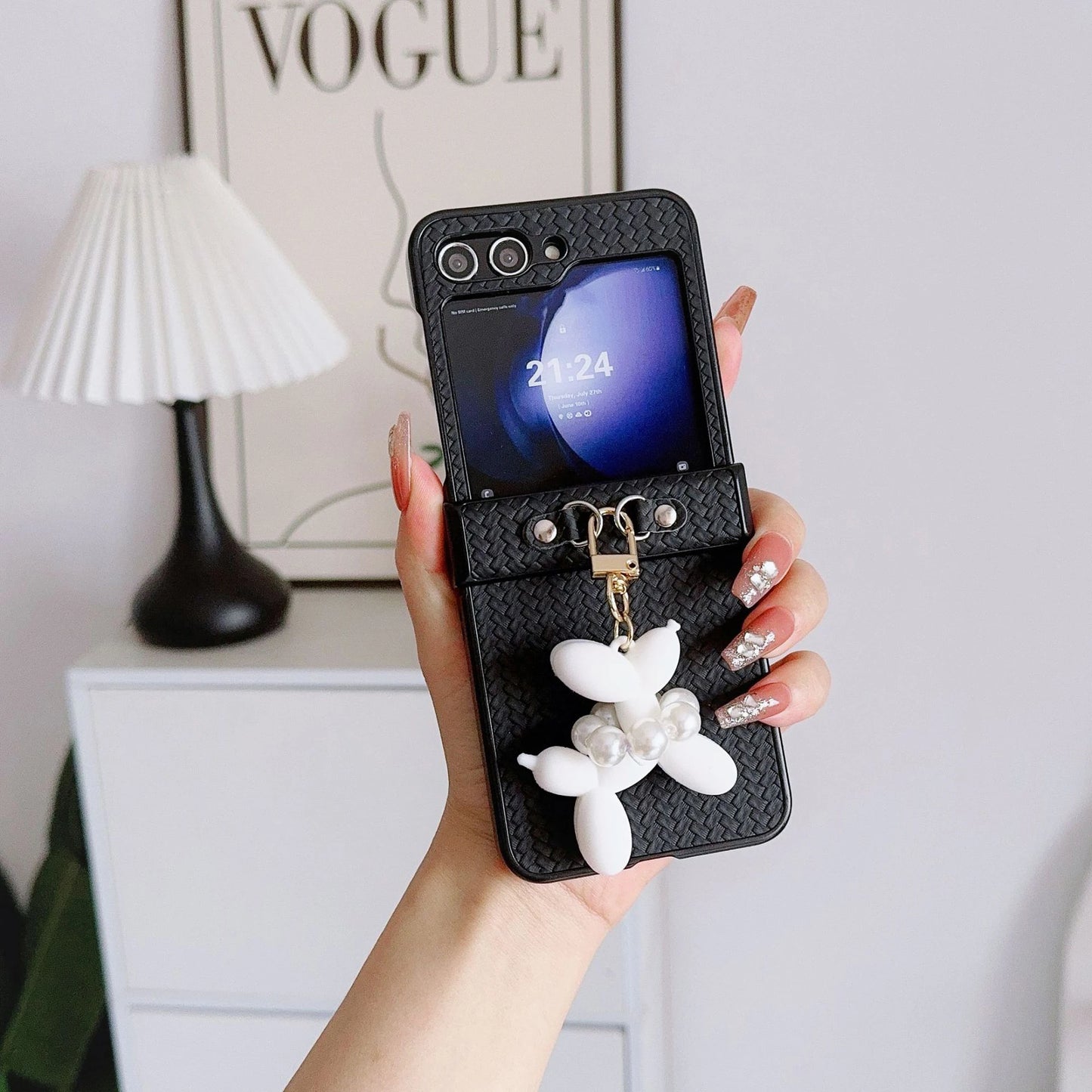 Samsung Woven Folding Phone Case with Dog Pendant Korean Style Folding Phone Accessories for Galaxy Z Flip 3 4 5 6