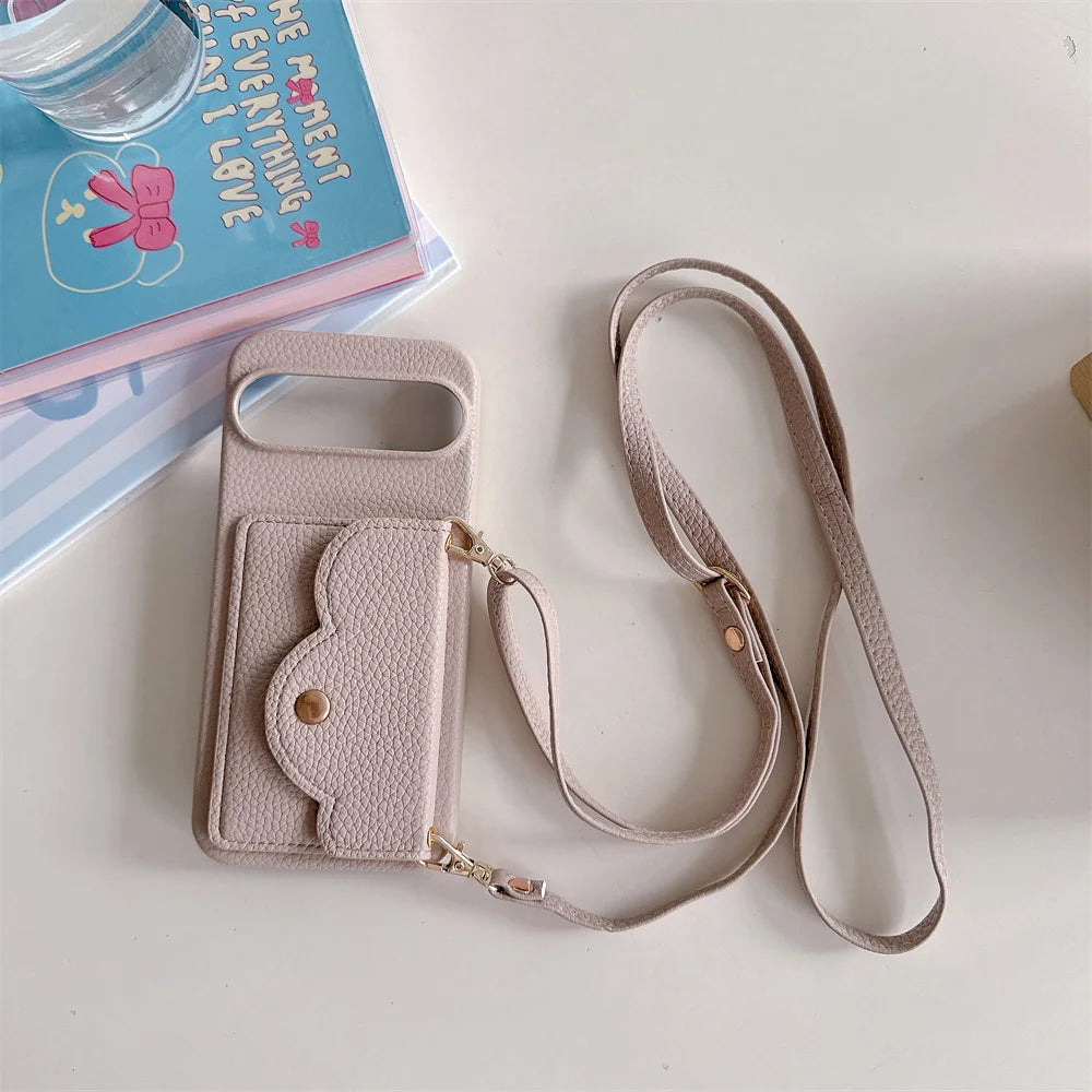 Leather Litchi Wallet Cards Slot Bag Case For Google Pixel 9 8 7 6 9 Pro XL 8A 7A 6A 9XL Shoulder Strap Lanyard Skin Feel Cover