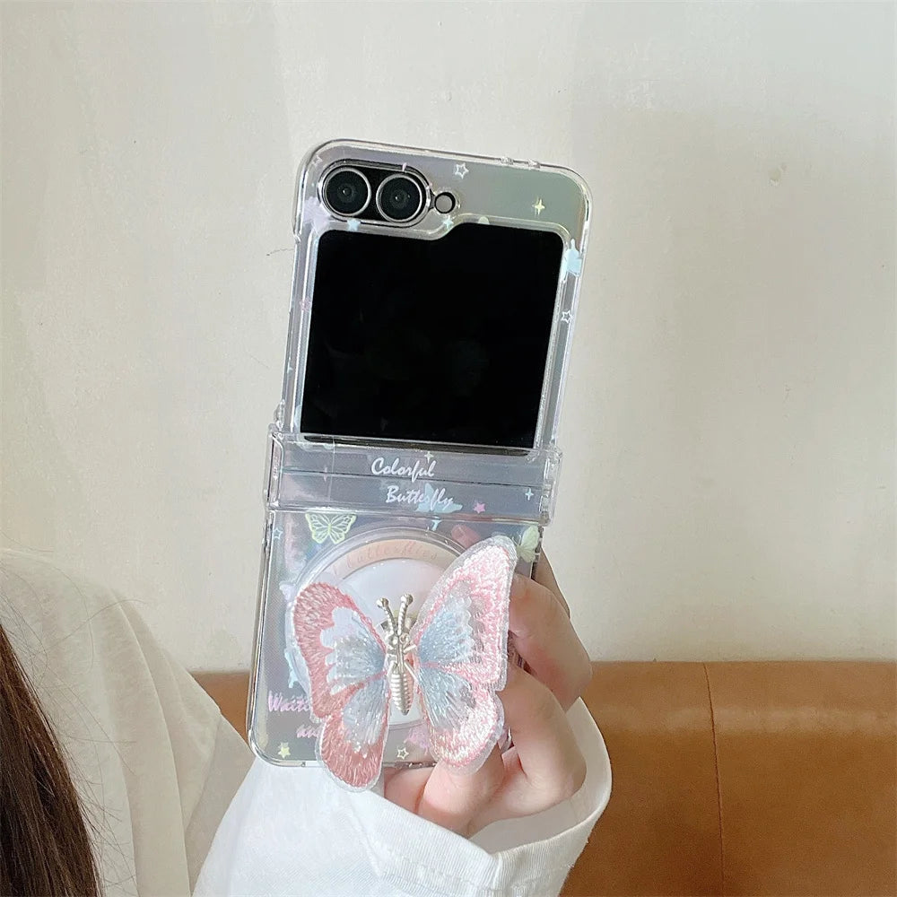 Korean Ins Cute Butterfly Magnetic Phone Case for Samsung Galaxy Z Flip6 7 FE Flip7 6 5 Flip5 4 3 Cover With Magsafe Stand Chain