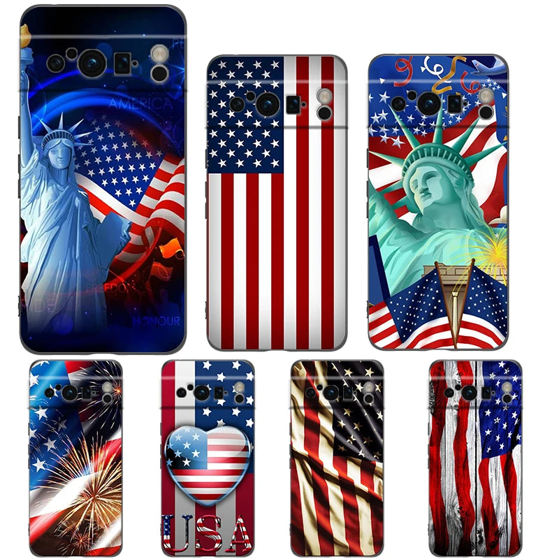 Phone Case Cover for Google Pixel 9 8 7 6 9A 8A 7A 6A Pro 10 9 Pro XL Soft TPU Shockproof Shell Capa American United States Flag
