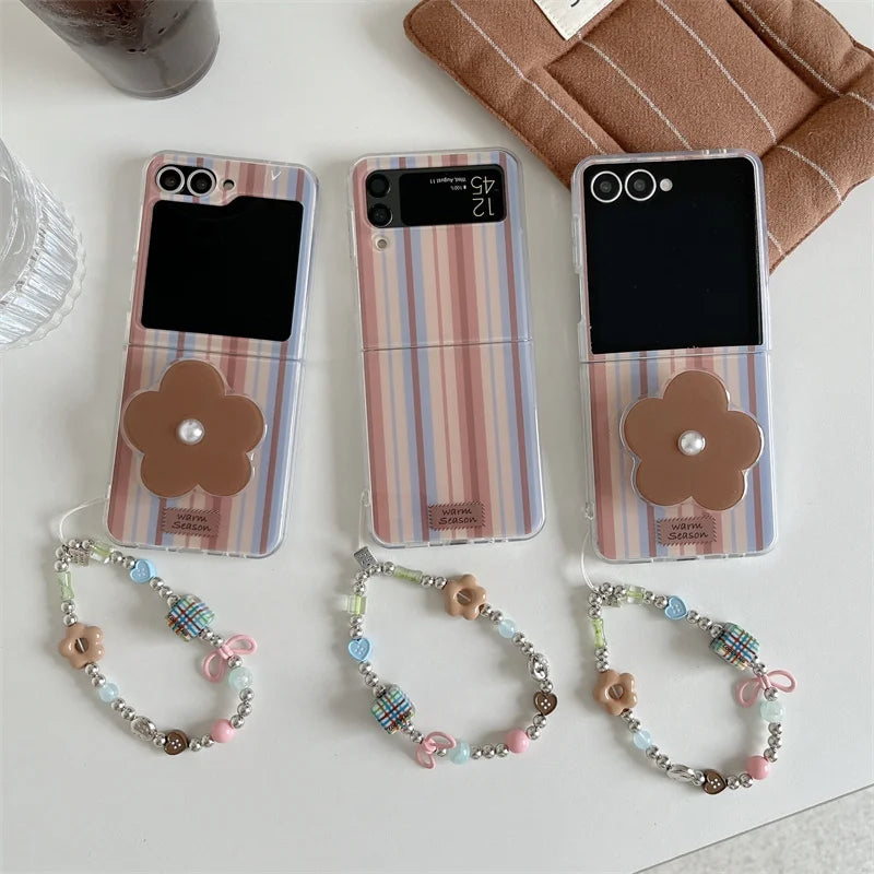 Fashion Brown Stripe Phone Case For Samsung Z Flip 7 6 5 4 Cover with Flower Stand Holder Chain Cute Cases For Galaxy Flip7 Capa