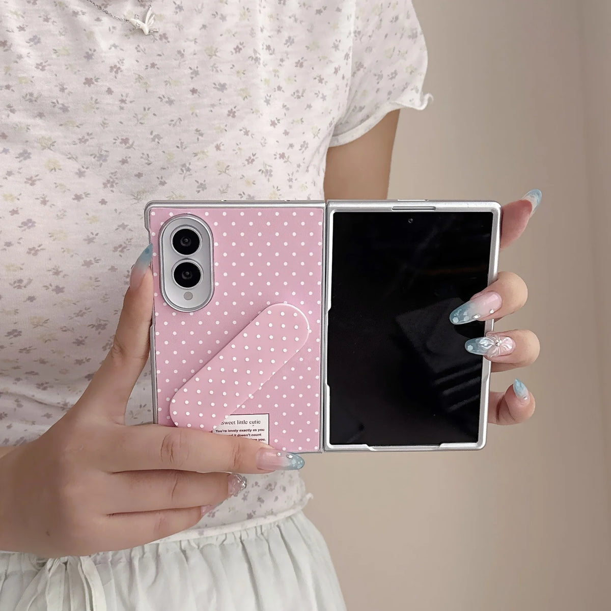 Creative Korean Full Screen Polka Dots Phone Case with Band-Aid Bracket for Samsung Galaxy Z Fold 8 Wide Z Fold 8 Back Cover