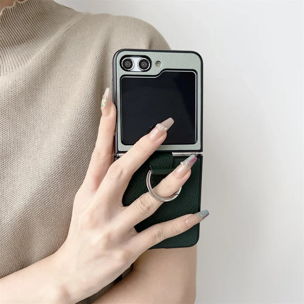 flip 6 Case Double Color Ring Holder Luxury Phone Case for Samsung Galaxy Z Flip 6 5 4 3 2 1 flip6 Flip5 PU Leather Cover