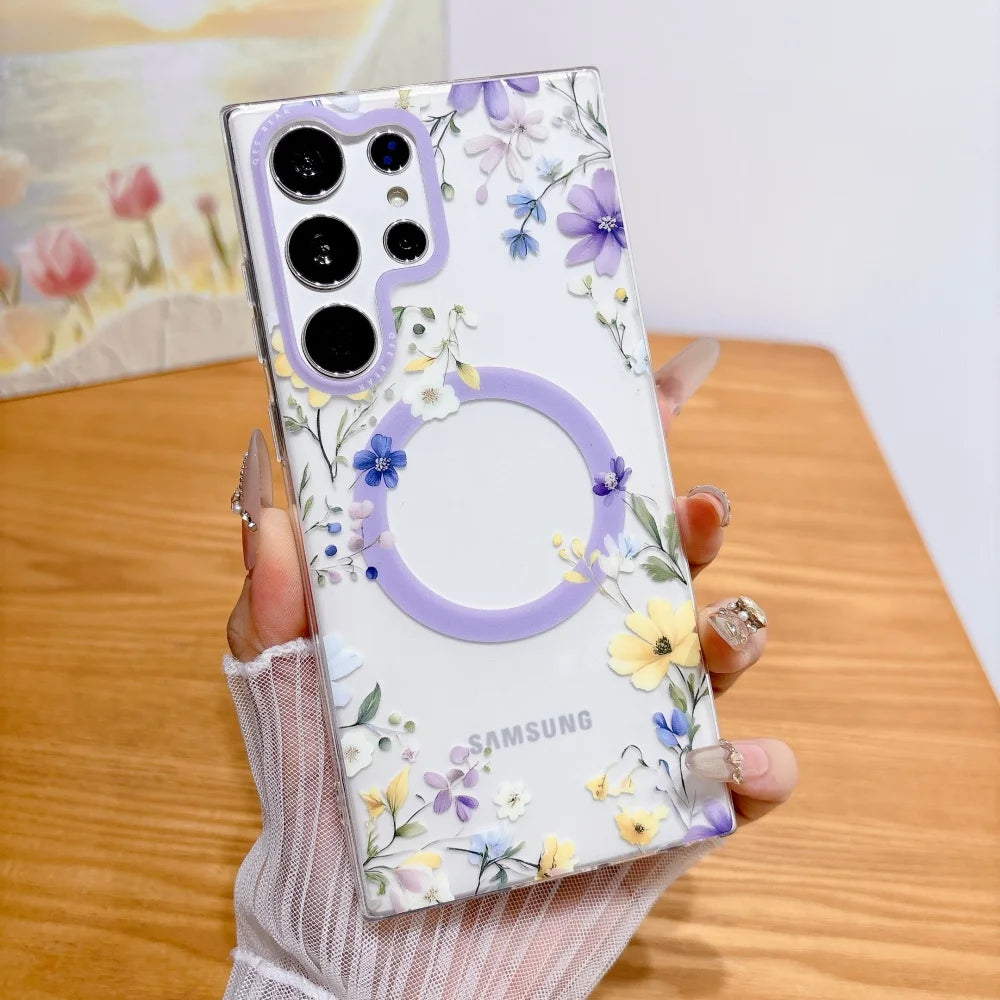 Imd Skin friendly for Magnetic Case for Samsung Galaxy S26 Ultra S26 Pro S25 S24 Plus Ultra S23 Ultra Flowers Transparent Cover