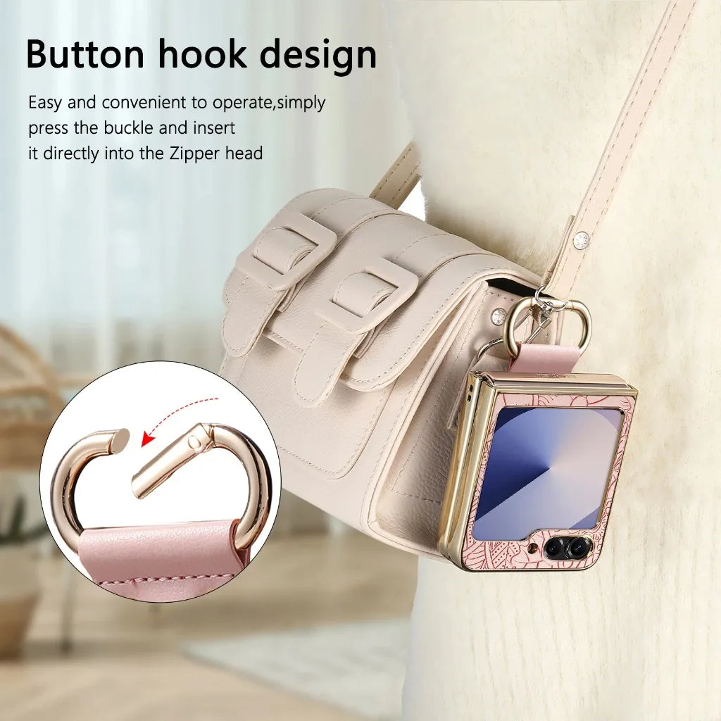 For Samsung Galaxy Z Flip 7 FE 6 5 4  Leather Embossed Flower Phone Case with Ring Buckle Electroplated Shockproof Cover